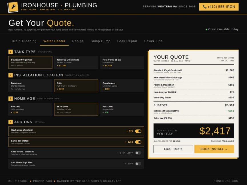 Ironhouse Plumbing Quote Calculator screenshot